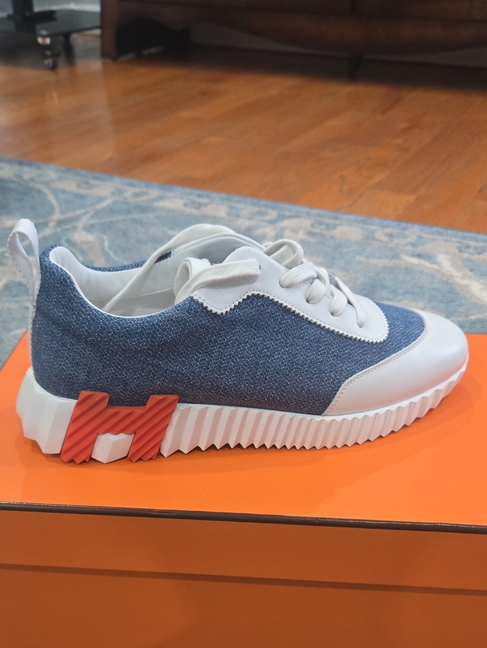 Hermès Bouncing Sneaker Bleu Clair Denim and Blanc Calfskin 38 EU